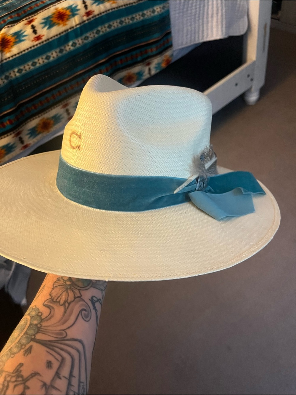 Women’s Cream Straw Fedora with Teal Velvet Band